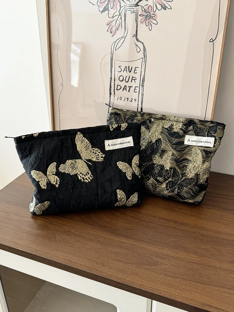 Golden Butterfly Makeup Bag, Fabric Skincare Storage Bag, Small Square Bag, Handbag, Canvas Washbag, Women's Bag 2