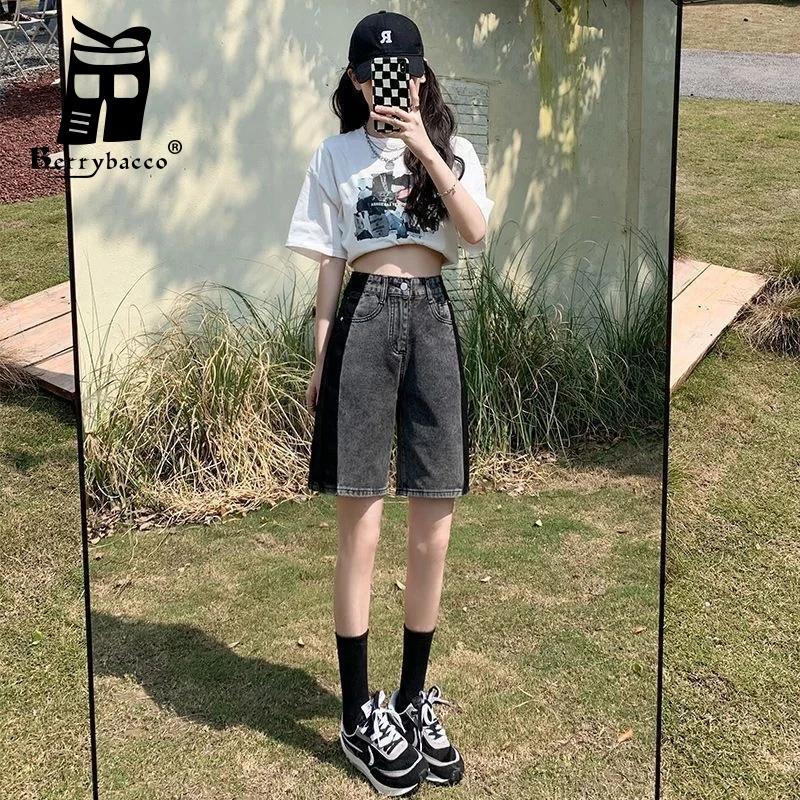 

Contrast Color Jeans Woman High Waist Pants for Women Denim Shorts Wide Leg Jeans Women's Cargo Trousers Knee Length Y2k Baggy