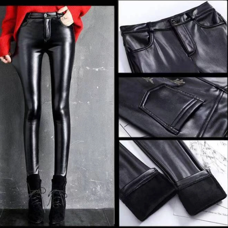 Cashmere PU Leather Pants Women's Autumn/Winter 2024 Thickened and Fleece High-Waisted Slim Fit Tight Warm Pants Leggings Black - Image 5