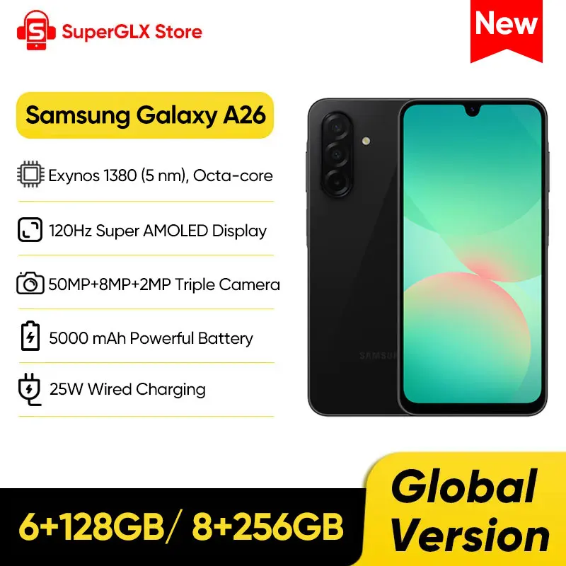 Global Version Samsung Galaxy A26 5G Smartphone Exynos 1380 6.7'' 120Hz Super AMOLED Display 50MP OIS Camera 5000mAh Battery