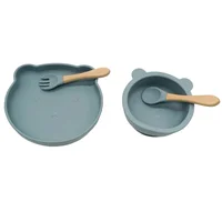 Cartoon Bear Baby Weaning Dishes Set Shatter-proof Portable Baby Silicone Sucker Plate with Fork Spoon Easy Clean