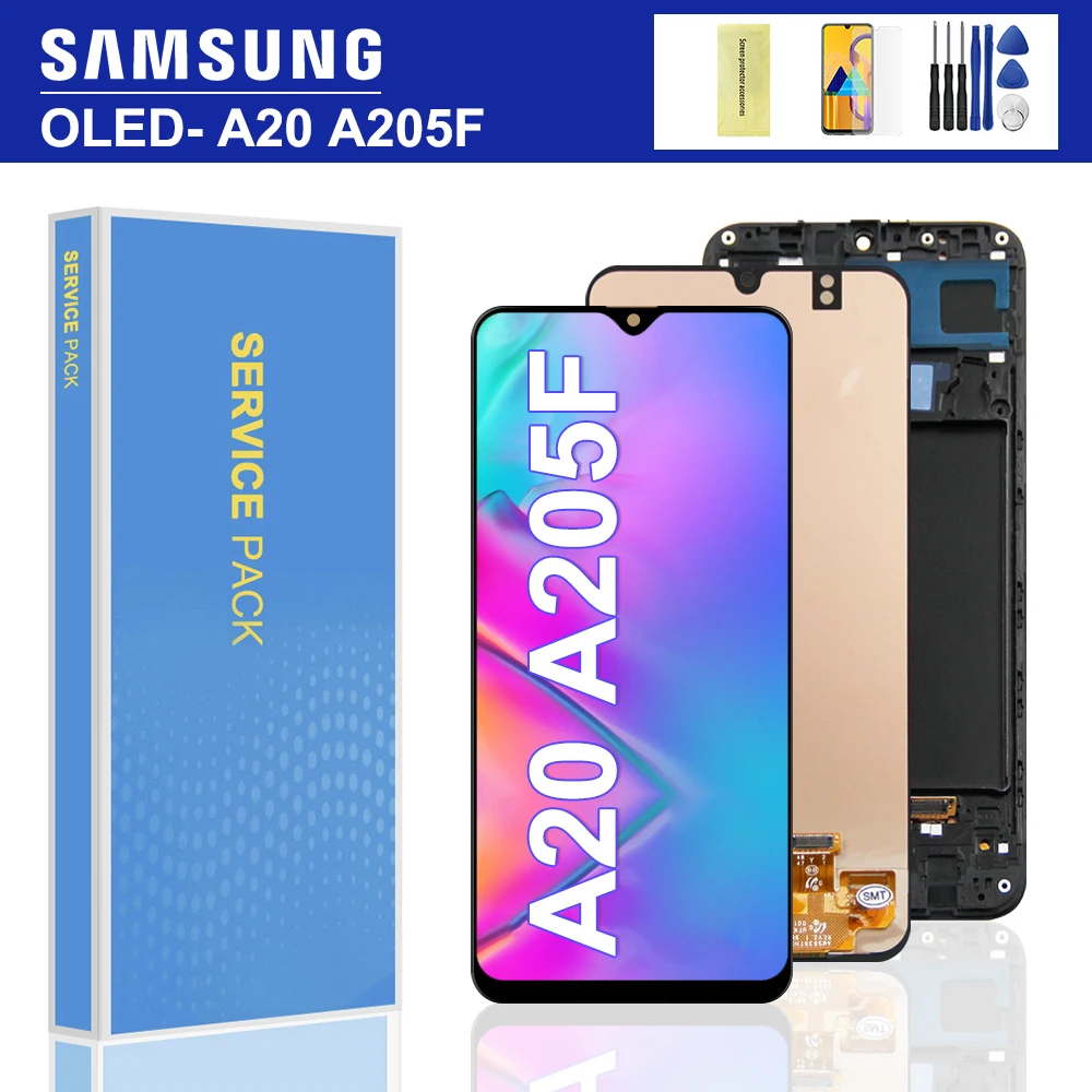 ЖК-дисплей 6 4 ''Super AMOLED для Samsung Galaxy A20 A205 SM-A205F A205FN сенсорный экран с рамкой и