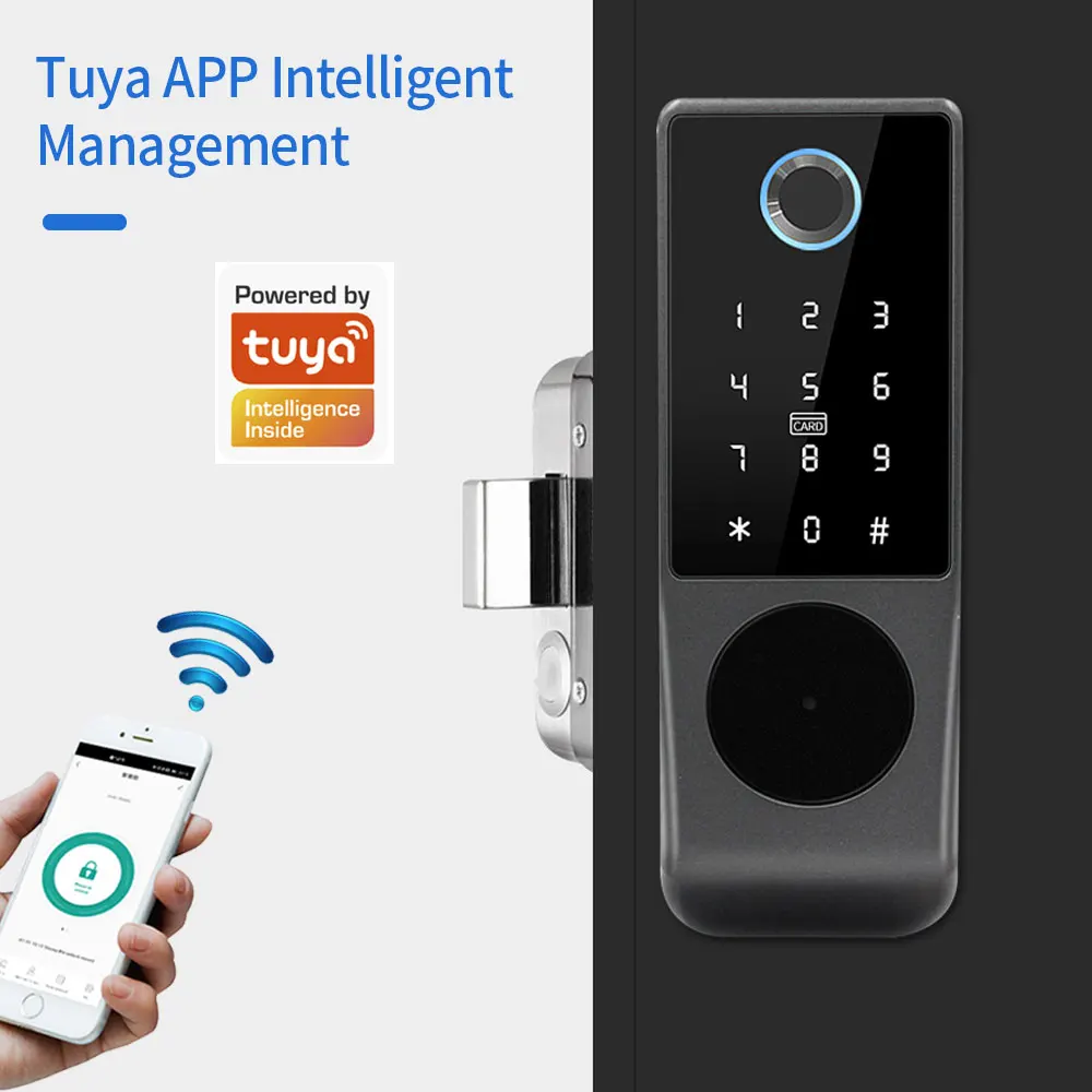 Tuya Wifi APP Control Smart Fingerprint RFID Card Outdoor Door Intelligent Lock Keyless Motor Rim Lock Google Alexa Waterproof