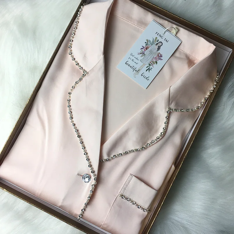 Women's Silk-encrusted Diamond-trimmed Long-sleeved Long Pants Pajama Set Wear Home Suit Silk Pajamas Sexy Pajamas