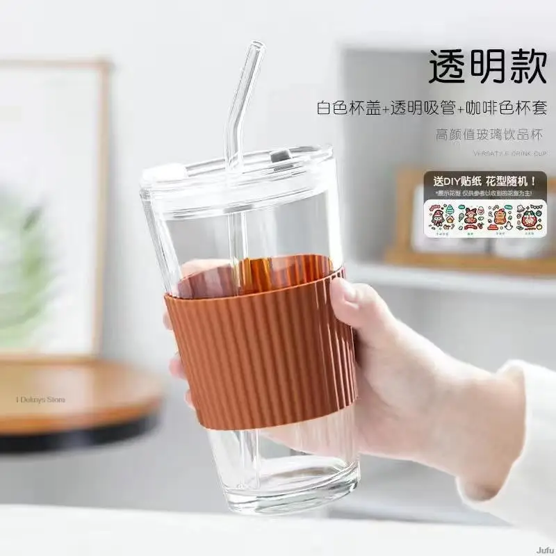 Ribbed Nordic Glass Cup With Lid And Straw Heat Resistant Double Bottom  Portable Drinking Glass Iced Coffee Water Tea Cups Glass