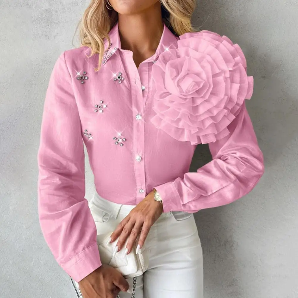 

Однобортная рубашка, элегантные цветочные Украшенные рубашки с лацканами для женщин, Стильный однобортный Топ с искусственными акцентами