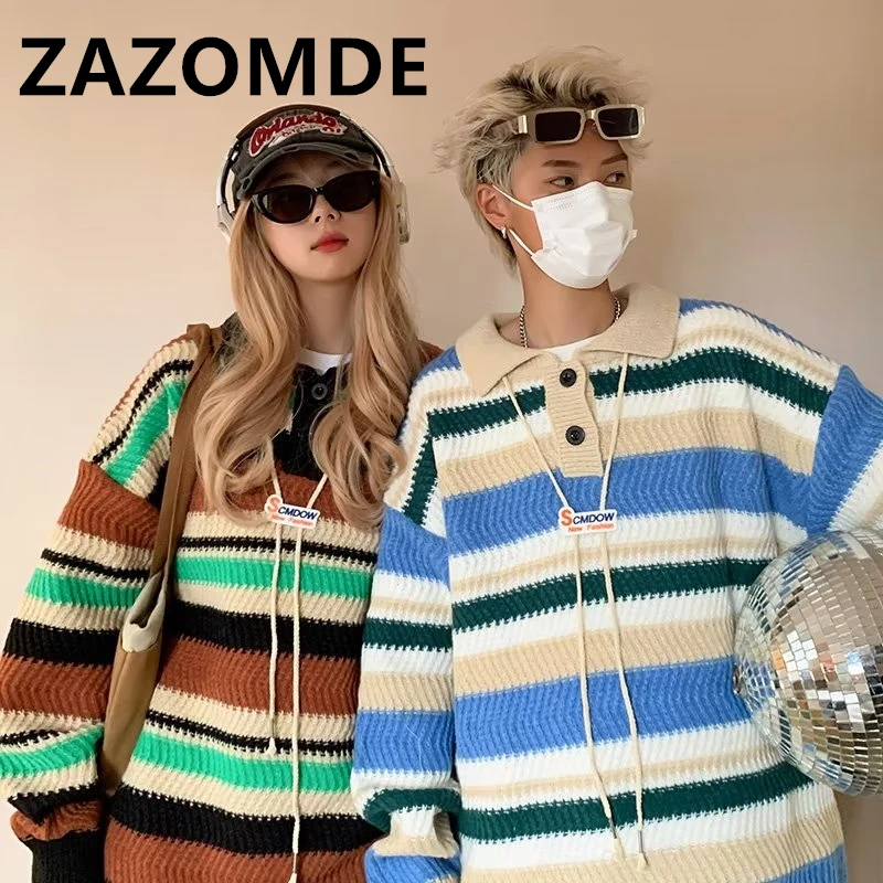

ZAZOMDE Autumn Couple Contrast Color Striped Sweater Loose Turn-down Collar Pullover Vintage Harajuku Knitwear Fashion Sweater