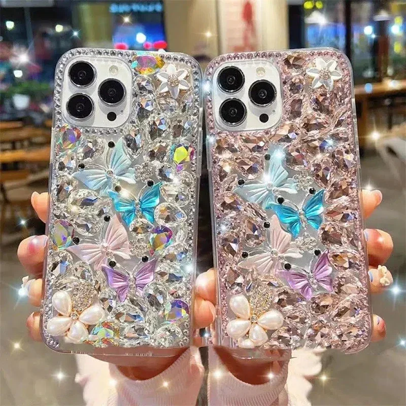 Luxury Manual Inlaid Rhinestone Butterfly Phone Case for Xiaomi Redmi 9A 9C Note8 9Pro Note10S Note11 Pro 12Pro Hard Cases