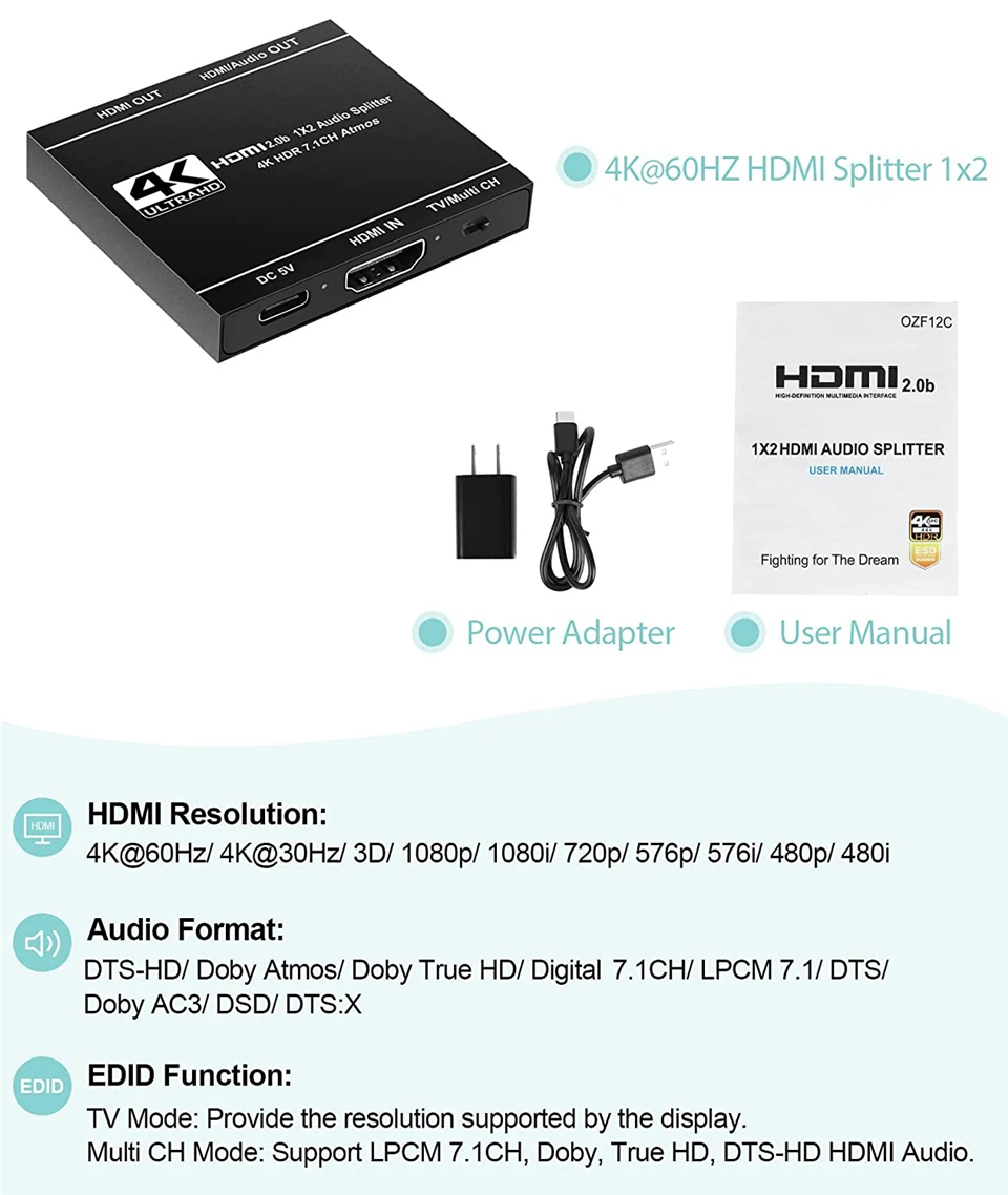2025 Best HDMI audio extractor 4K 60Hz HDMI 2.0 Splitter 1 in 2 out 7.1 CH HDMI