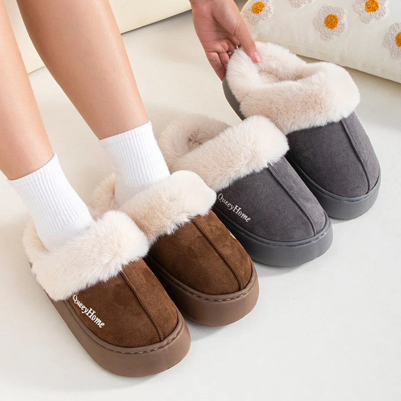 Queeyhome Winter Women Flat-Bottomed Plush Commute Solid Color Versatile Cotton Slippers Warm Cozy Indoor-Outdoor Man Shoes 2