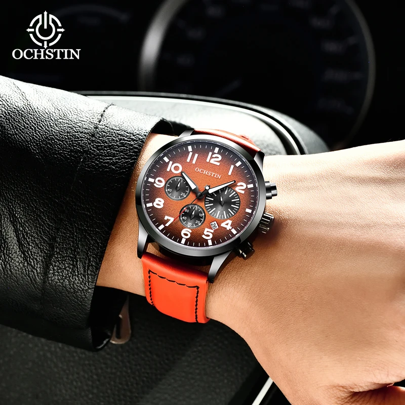 OCHSTIN Chronograph Watch Quartz Analog Clock Men Leather Strap Fashion Sport Wristwatch Stop Watch Auto Date 42mm Free Shipping