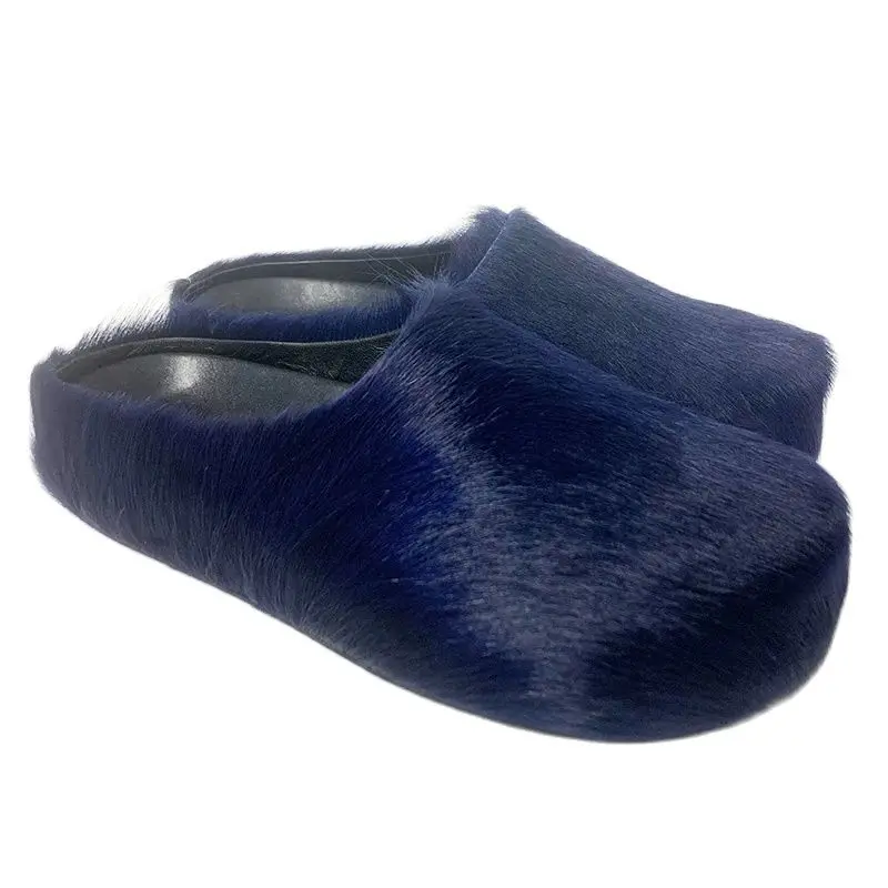 

Italy Fur Horse Hair Slippers Women 2023 Winter Casual Runway Flat Mules Moccasins Men Shoes Leisure Real Leather Women Slippers