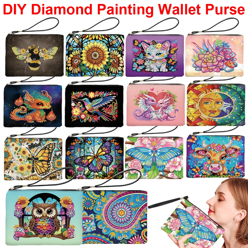 PU Partial Special Shaped Cute Rhinestone Mosiac Zipper Handbag 5D Diamond Handmade Wristlet Wallet Female Makeup Bag