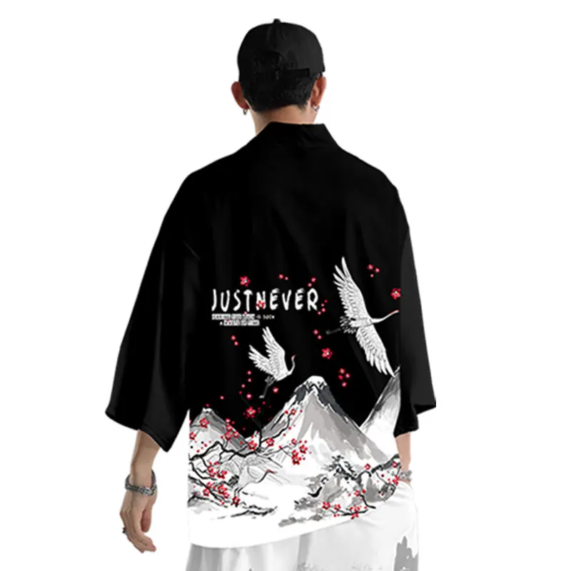 Two-piece Suit Japanese Crane Cardigan Women Men Cosplay Yukata Clothing Harajuku Tradition Kimono + Shorts Sets Haori