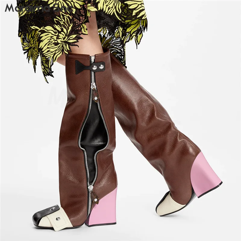 

Color-Block Rivets Side Zipper Boots Square Toe Thick High-Heeled Motorcycle Boots Casual Personality Large Size Women's Boots
