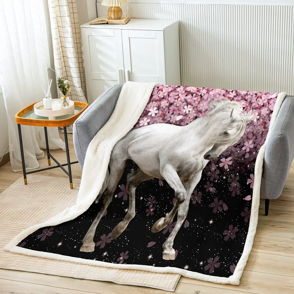 Coperta Da Tiro Per Cavalli Coperte Di Peluche Per Cavalli Al Galoppo Decorazione Per Animali Carini Coperta Sherpa Coperta Sfocata Di Fiori Di Cilieg