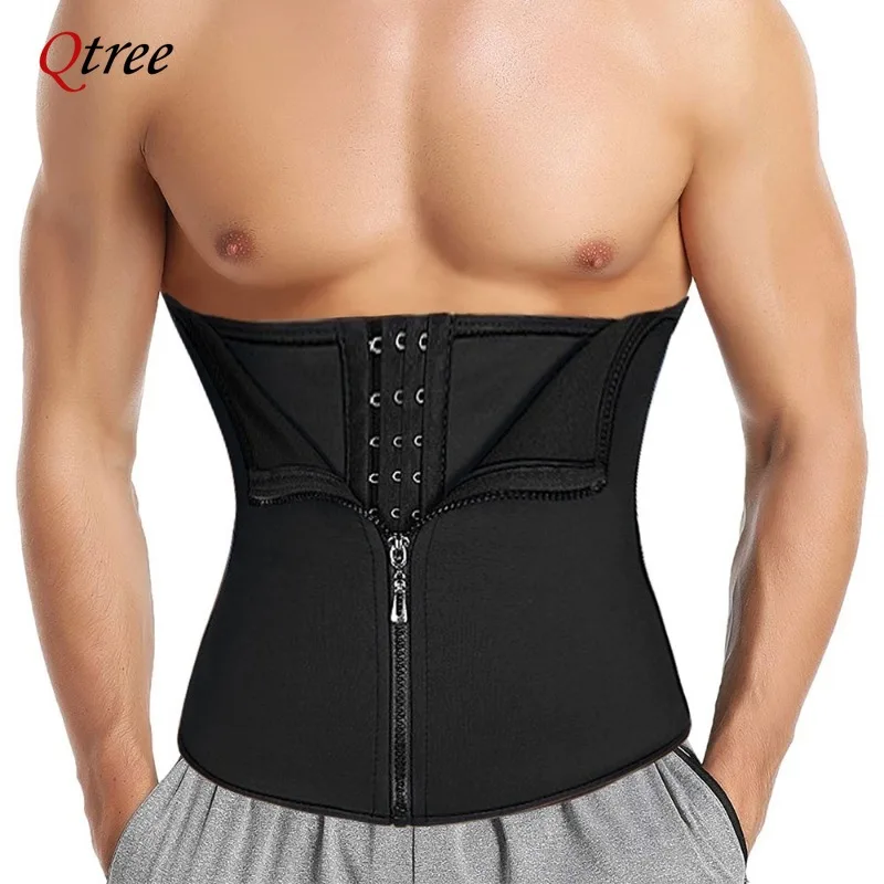 Qtree Men Neoprene Slimming Trimmer Hooks Belt Sauna Sweat Body Shaper Corset Fitness Double Tummy Control Strap Weight Loss body shaper waist trainer