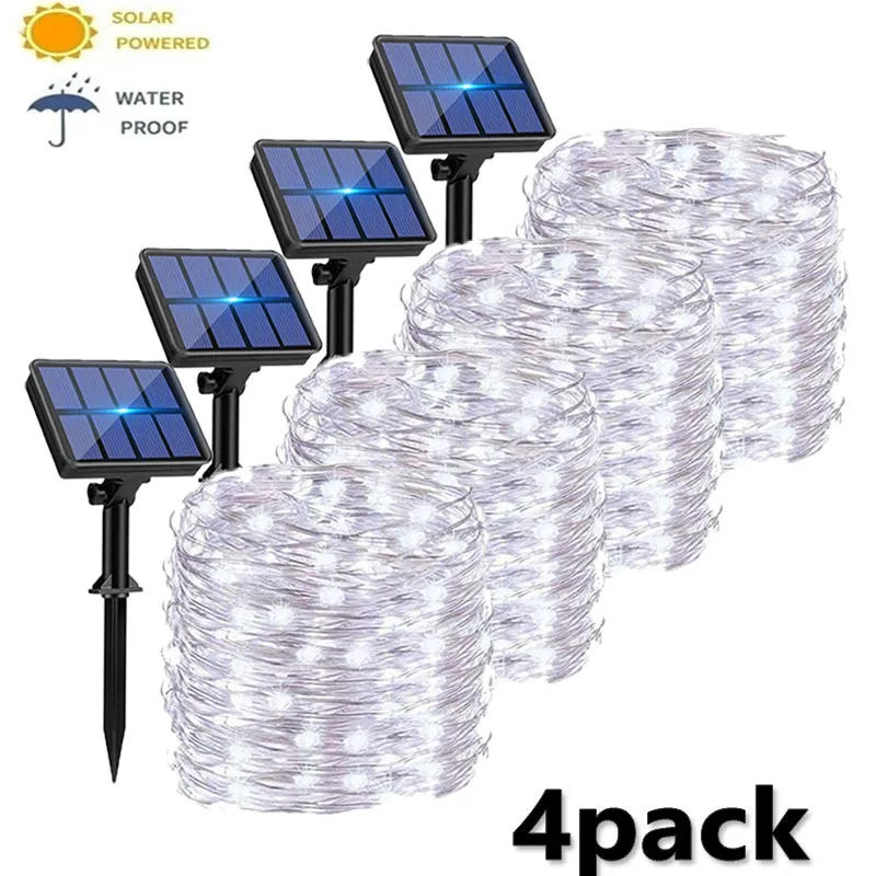 4-Pack Solar-Powered Outdoor Waterproof Fairy String Lights – 8 Lighting Modes for Tree, Garden, and Patio Decor