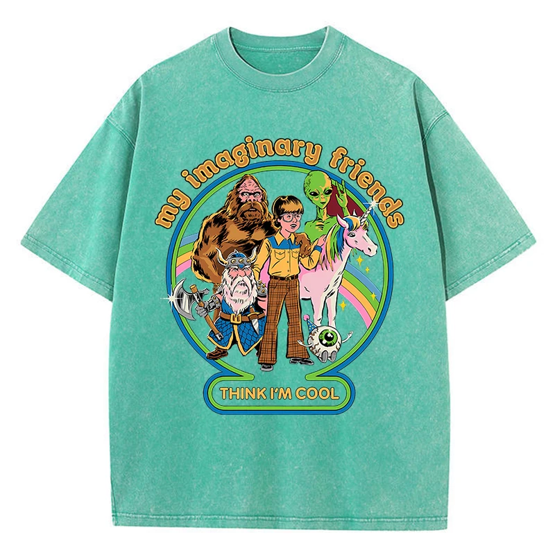 My Imaginary Friends Think I'M Cool Washed Retro Men T-Shirt Soft Casual Oversize T-Shirt Cotton Tee Clothes Summer Loose Tshirt