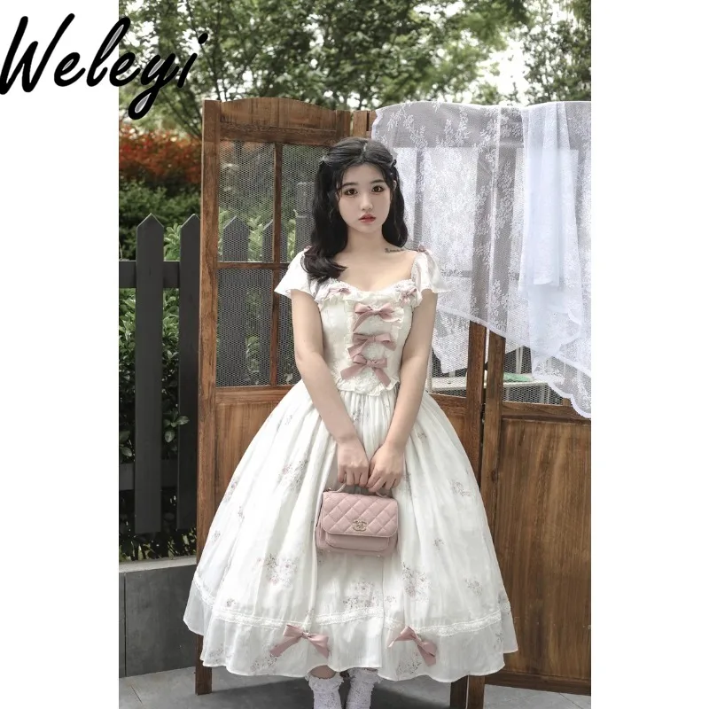 

Lolita New Floral Elegant Dress Ropa Mujer 2024 Summer Autumn Sweet Retro Fashion Short Sleeve Bow A Line Princess Long Kleider