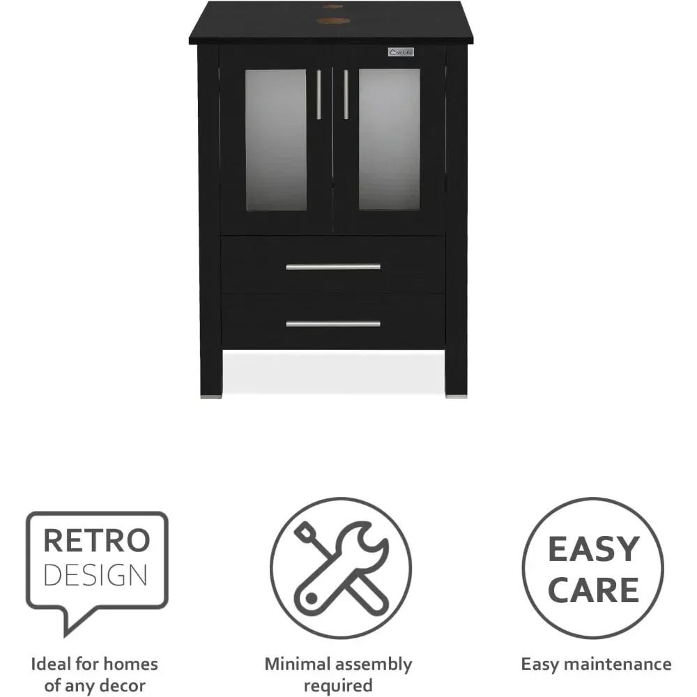 24" Modern Bathroom Vanity Sink Combo Black Stand Cabinet with White Boat Ceramic Vessel Sink & Water Save Faucet & Pop Up Drain 4