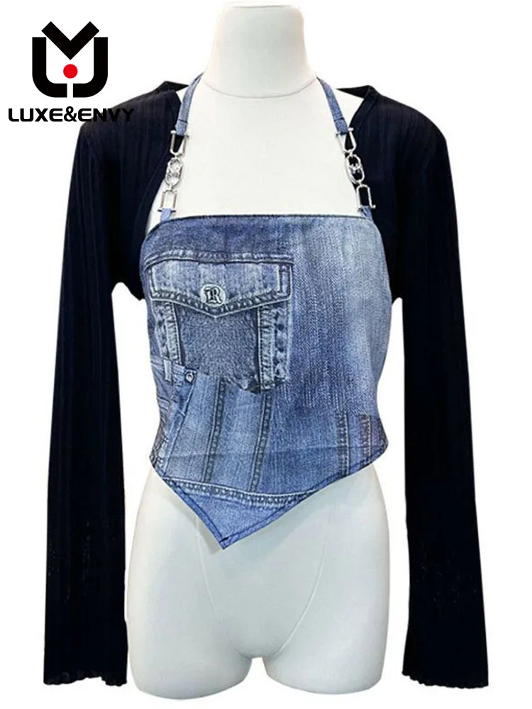 

LUXE&ENVY Denim Visual Printing Strap Knitted Shawl Two Piece Set Summer Fashion Set For Women 2023 Autumn