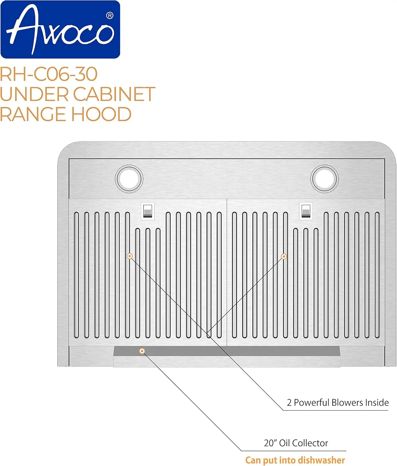 Classic 6" High Stainless Steel Under Cabinet 4 Speeds 900CFM Range Hood with 2 LED Lights Top Vent (30"W Top Vent)