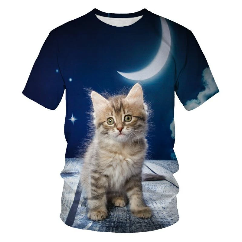 

Fashionable Summer Men's Short Sleeve Cute Animal Series Cat 3D Print Round Neck Loose Relaxed Large Fitness Training Suit Hip