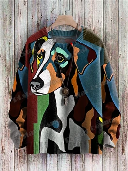 Cute Dog Abstract & Cat Starry Sky Art Pattern 3D Printed Mens Knitted Pullover Winter Unisex Casual Knit Pullover Sweater ZZM53