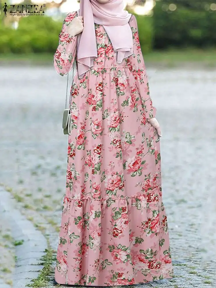 Kaftan Dresses For Women Floral Print Long Robe Ramadan Abaya Maxi-344444