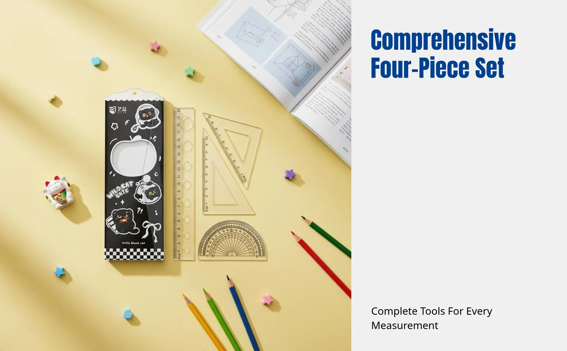 Cartoon Cat Ruler Set, Acrylic Geometry Tools, Student Stationery, Includes Triangle Ruler, Protractor, Straight Ruler, Cute Cartoon Cat Ruler Set, Acrylic Geometry Tools, Student Stationery, Includes Triangle Ruler, Protractor, Straight Ruler, Cute