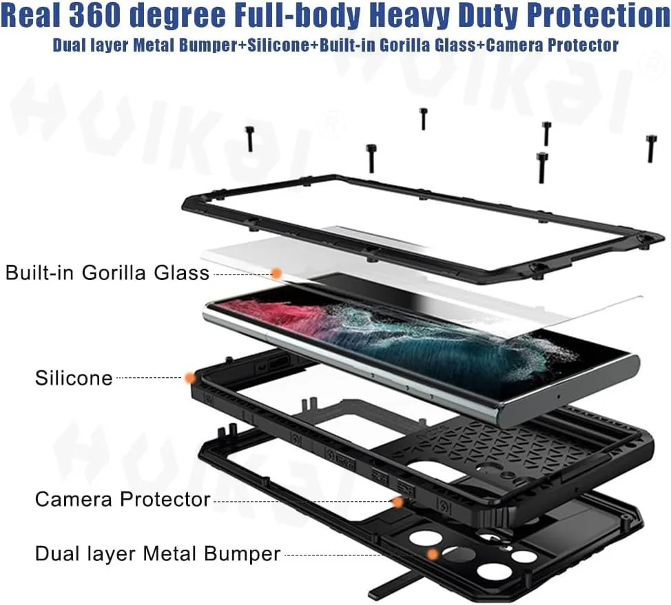 Rugged Metal Waterproof Case with Heavy Duty Kickstand and Screen Protector