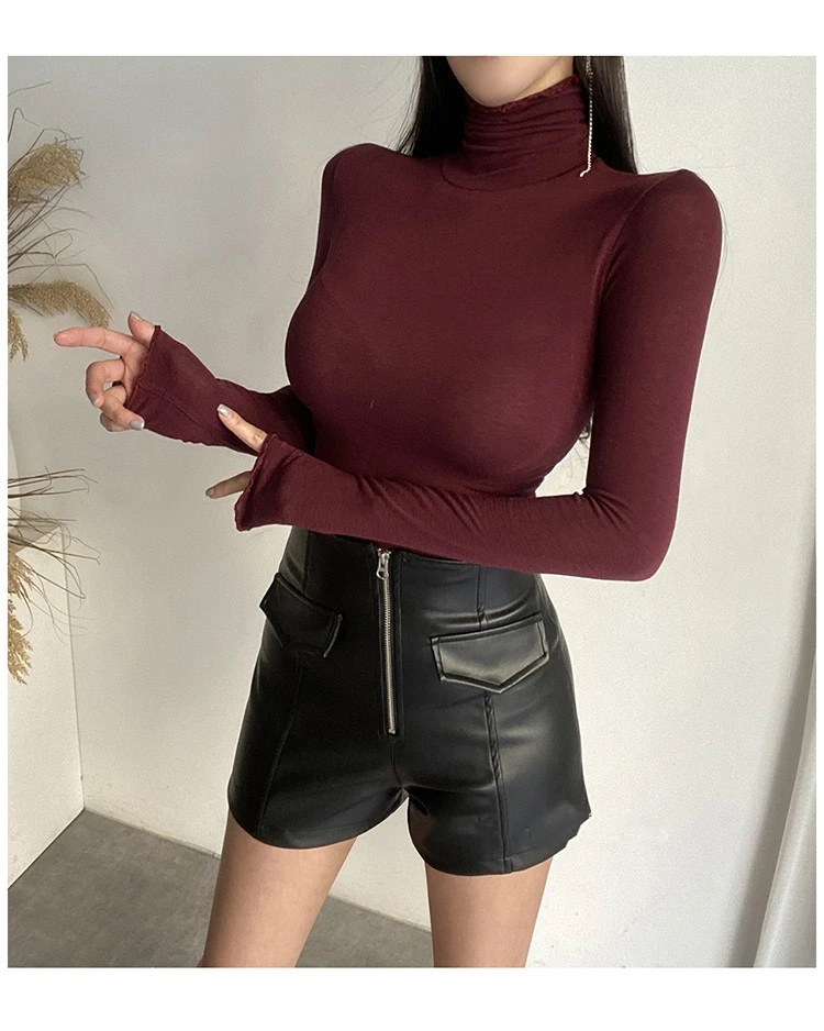 Klassische Feste Lange Hülse Dünne T-shirt Frauen Frühling Dünne Bequeme Rollkragen T-shirts Sexy Vielseitig Rüschen Rand Basis Schicht Top – Detail 13