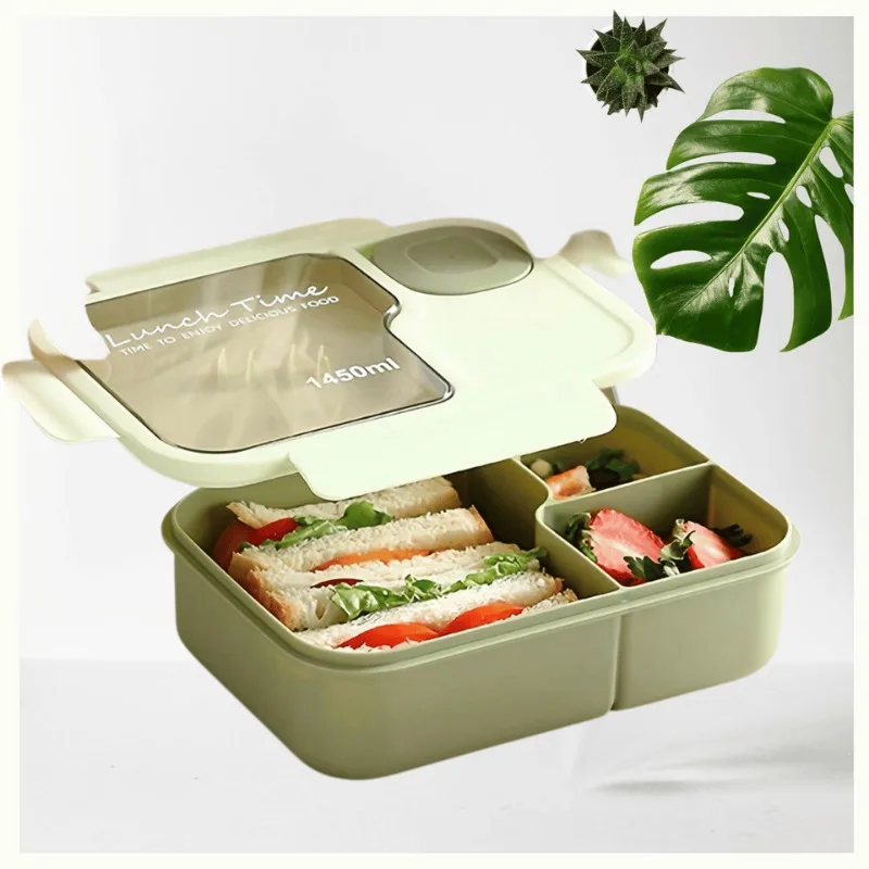 Portable Microwave Safe Bento Box with Fork and Spoon Leak-Proof Square Divider Food Storage Container for Office Lunch Picnic