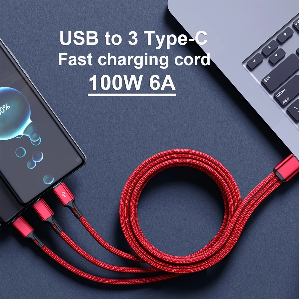 100W USB Fast Charging Cable 6A 3 in 1 USB Type C Data Cord For Samsung Xiaomi Huawei Vivo OPPO Redmi Quick Charge USB C Cables