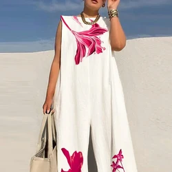 Elegant Patterm Print Loose Long Jumpsuit Summer Office Casual Wide Leg Romper Women Fashion O-neck Sleeveless Playsuit Overalls