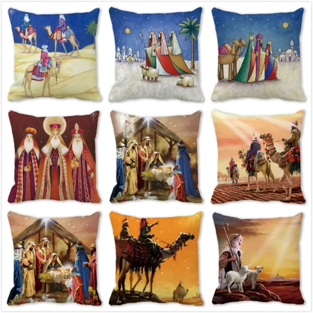 

Christianity Virgin Mary Pillowcase Jesus'birth Shepherd Throw Pillow Cover 45*45CM Portraits Pattern Cushion Cover Bed