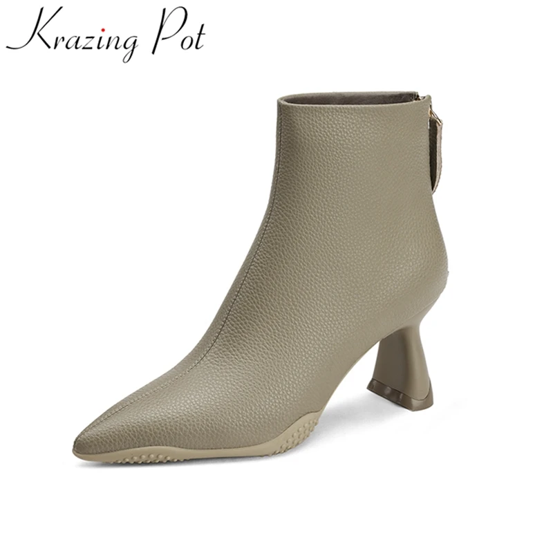 

Krazing Pot Superstar Cow Leather High Heels Pointed Toe Zipper Modern Boots Warm Winter Shoes Elegant Concise Solid Ankle Boots