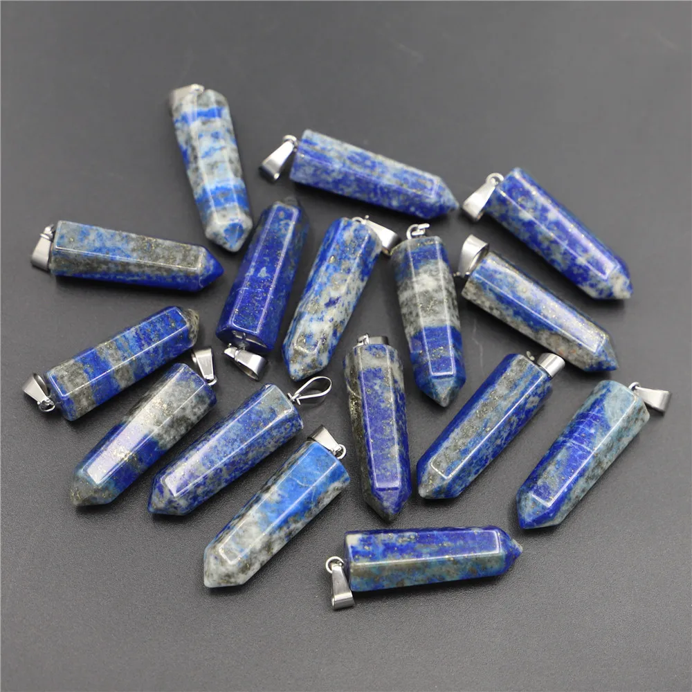 Hot Natural Lazurite Lapis Lazuli Stone Point Pillar Pendants Charms Penduloum Hexagonal Column for Women Jewelry 32x10mm 12pcs