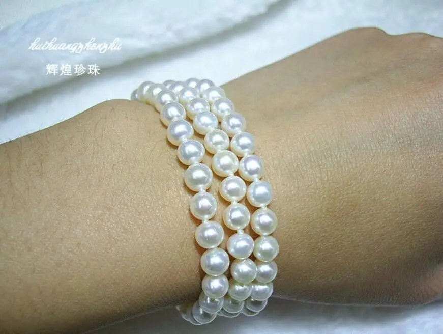 

7.5-8" Stunning AAA 3 row 7-8mm natural south sea white round pearl bracelet 14k bracelets jewelry charms