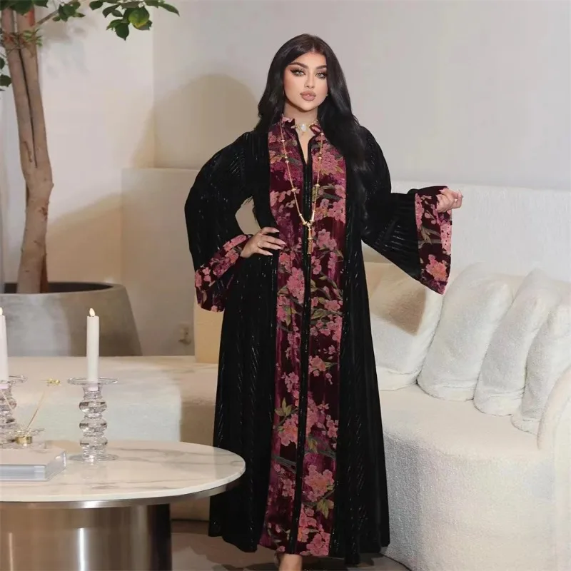 

Dubai Arab Velvet Autumn Winter Printing Abaya Contrast Color Fashion Party Dresses Eid Soft Casual Muslim Saudi Robe