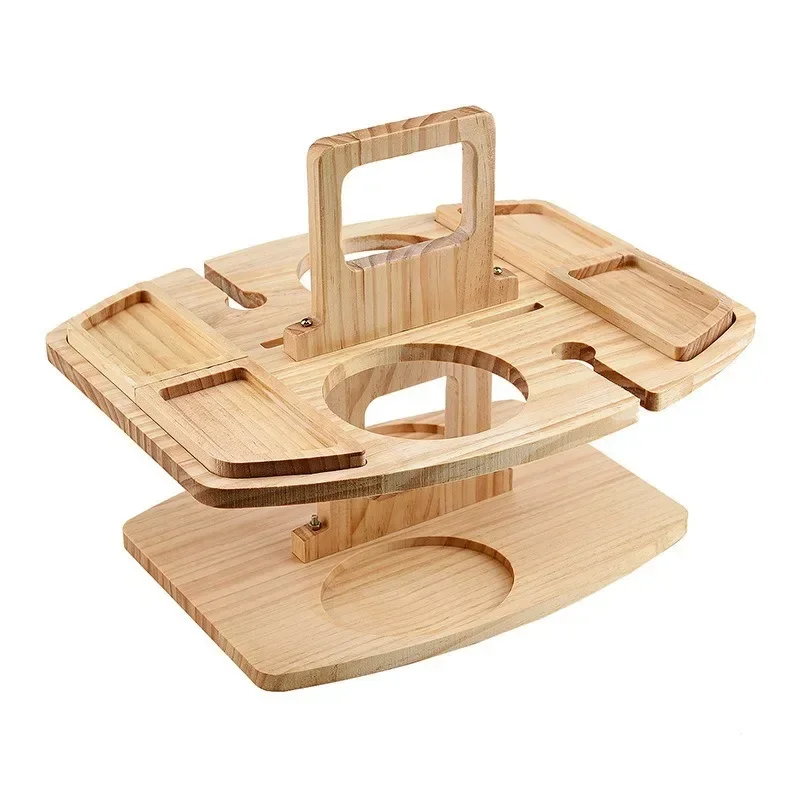 Portable Wooden Picnic Table Carry Handle Outdoor Folding Wine Table Removable Wine Glass Holder Folding Low Snack Tray
