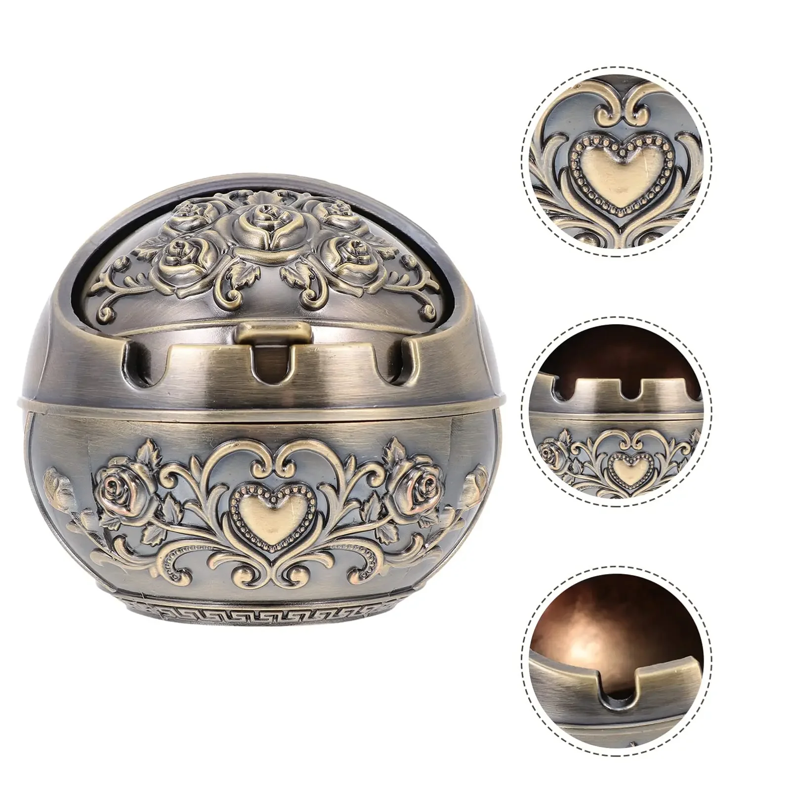 Portable Metal Ashtray Retro Decorative with Lid Indoor and Outdoor Carved Smoking Set