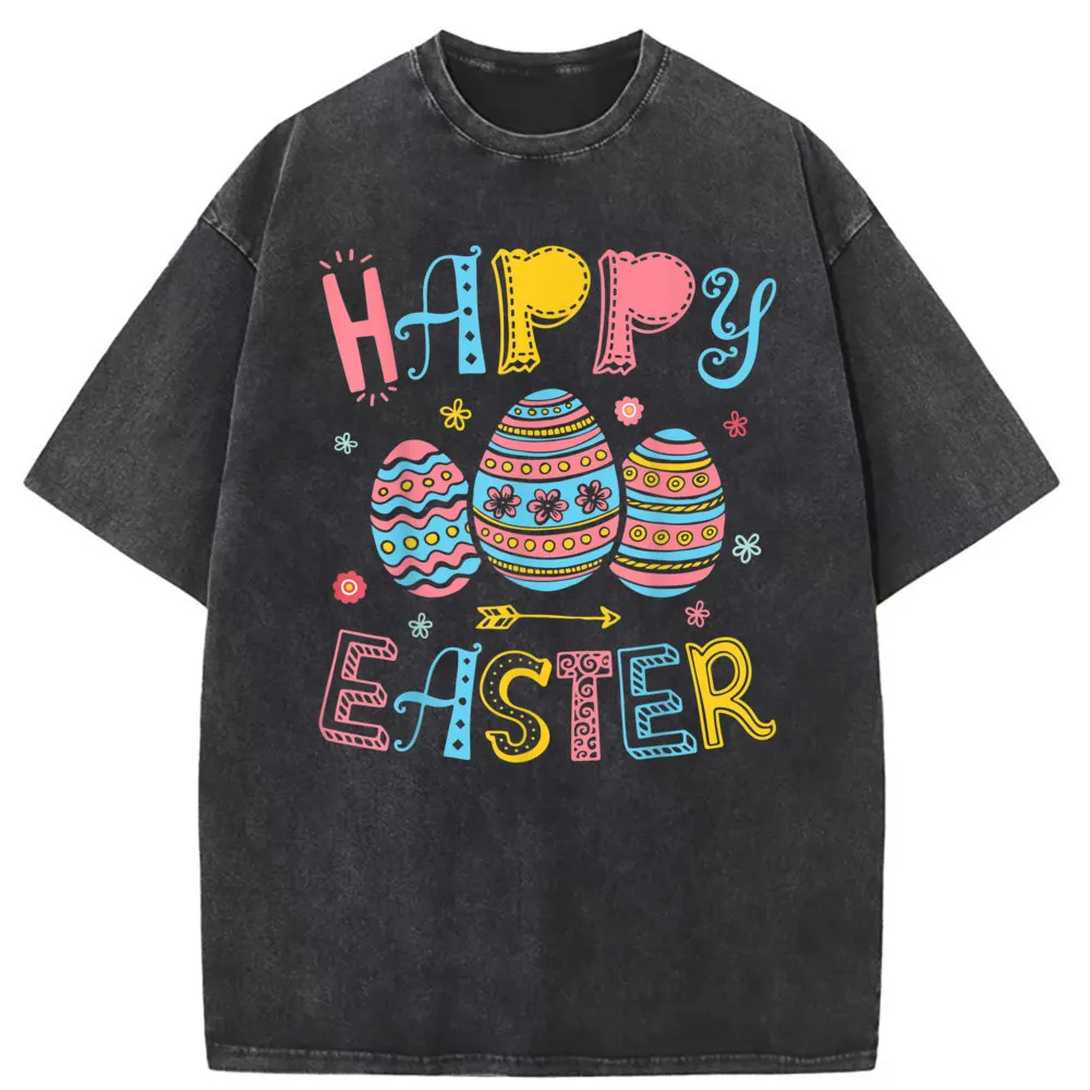 

Happy Easter Colorful Egg Hunting Men's Fitted Funny Tshirts Man Summer Fall Sweatshirts Beach Long Sleeve Retro T Shirt