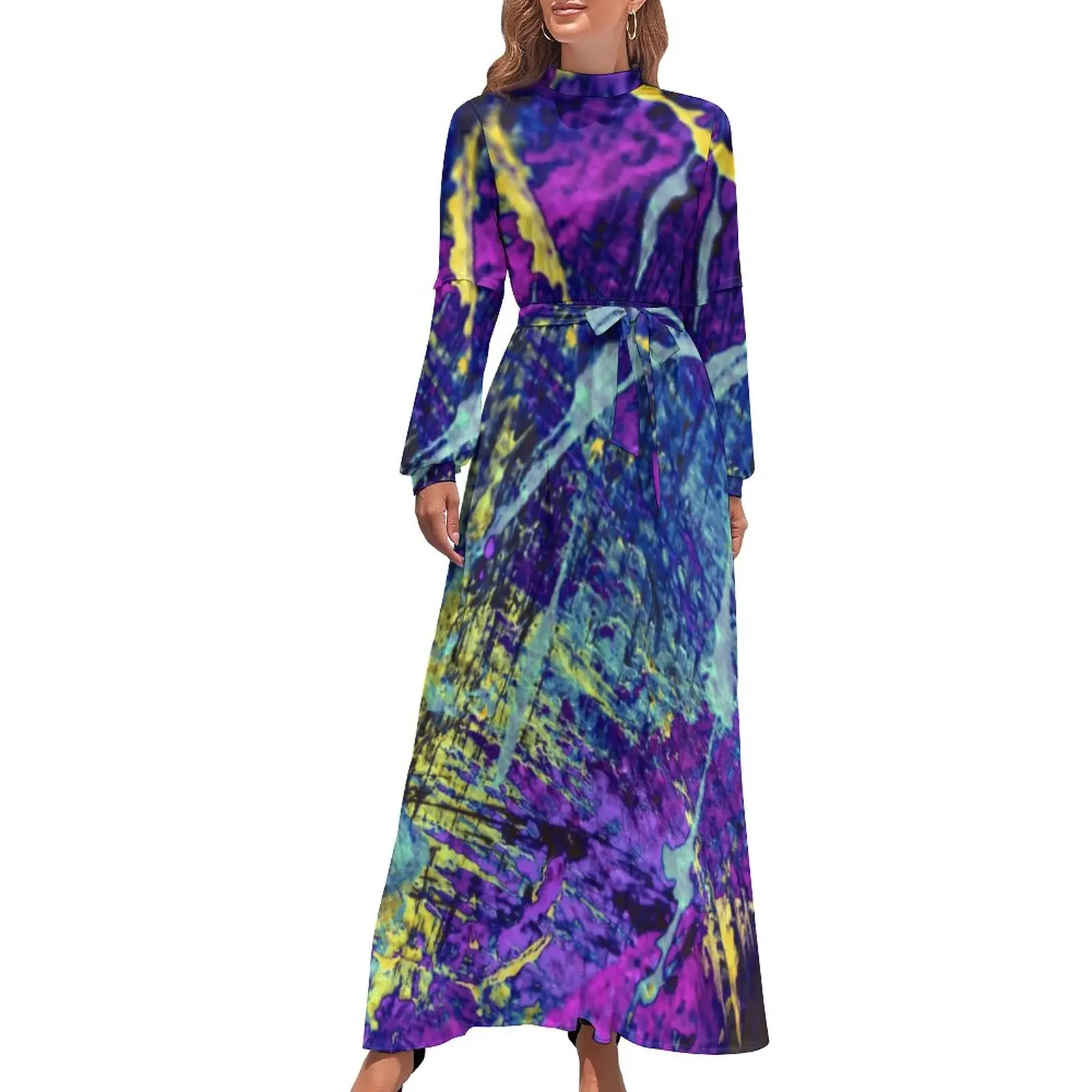 

Ink Splash Dress Colorful Print Street Fashion Boho Beach Dresses Woman Long Sleeve High Neck Kawaii Long Maxi Dress