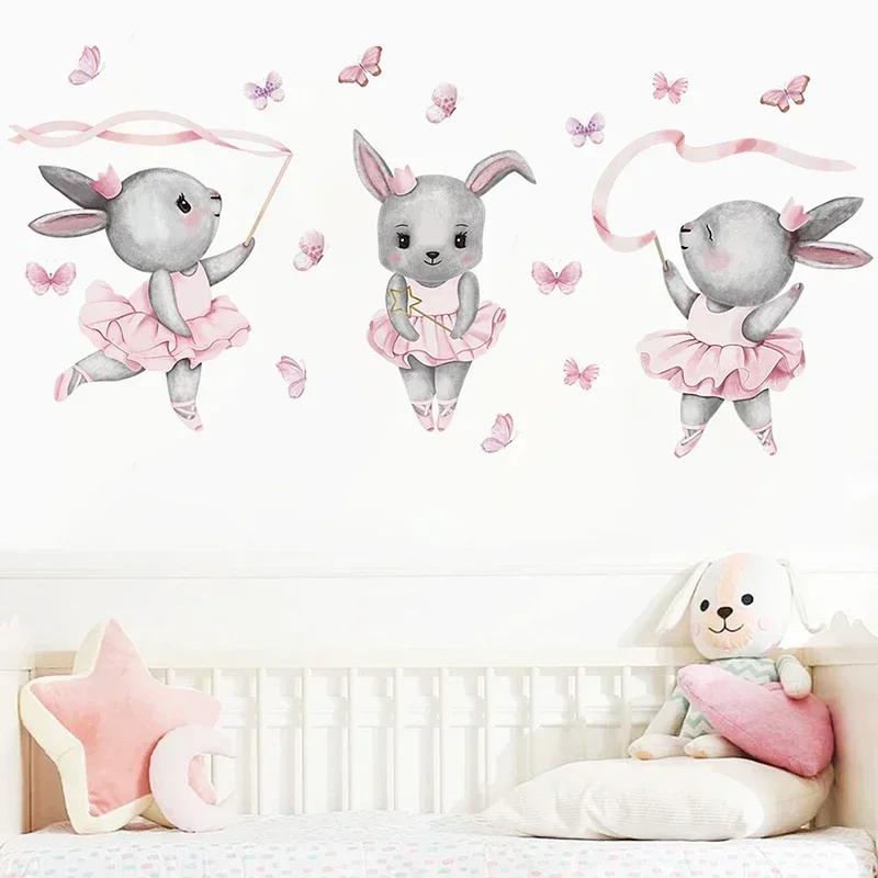 Hand-paint Ballet Bunny Rabbit Dancer Cute Animals Wall Stickers for Baby Nursery Room Girl Room Wall Decals Home Decorative pvc