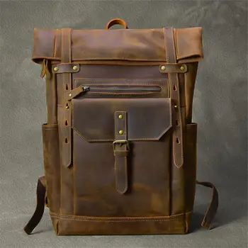 Retro Genuine Leather Men's Backpack Large Hiking Bagpack Bag Crazy Horse Leather Travel Backpack Male Rucksack 15.6“Laptop Bag 1