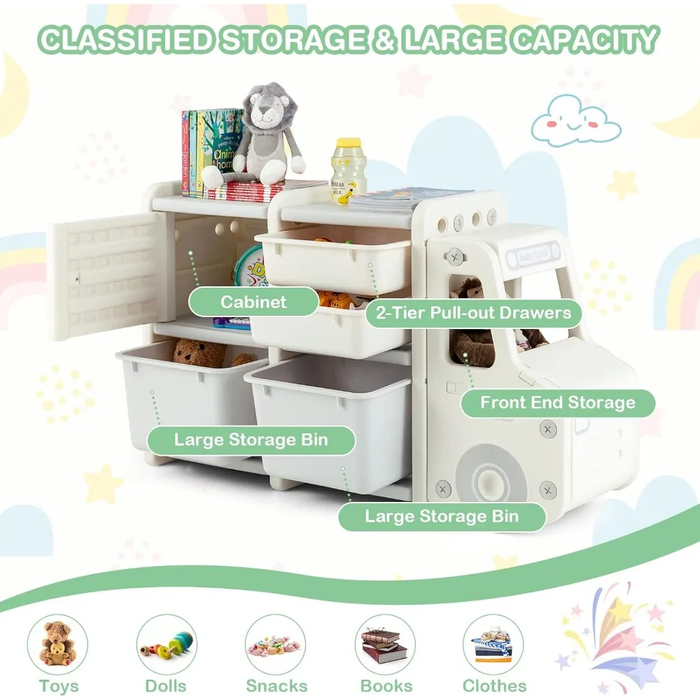 Toy Storage Organizer, Toy Shelf with with 2 Removable Toy Bins, 2 Pull-Out Drawers, Enclosed Cabinet, Kids Bookshelf 5