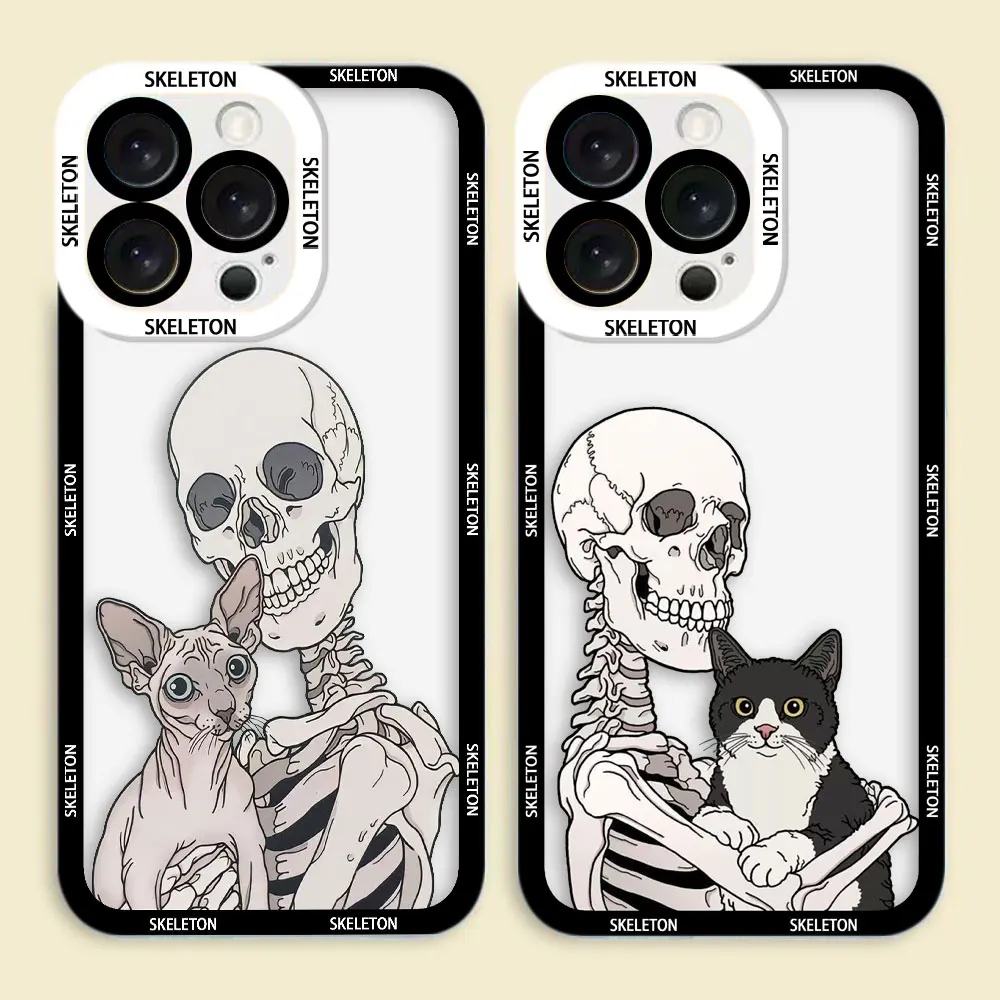Transparent Phone Case with Terrified Skull-Headed Cat Design