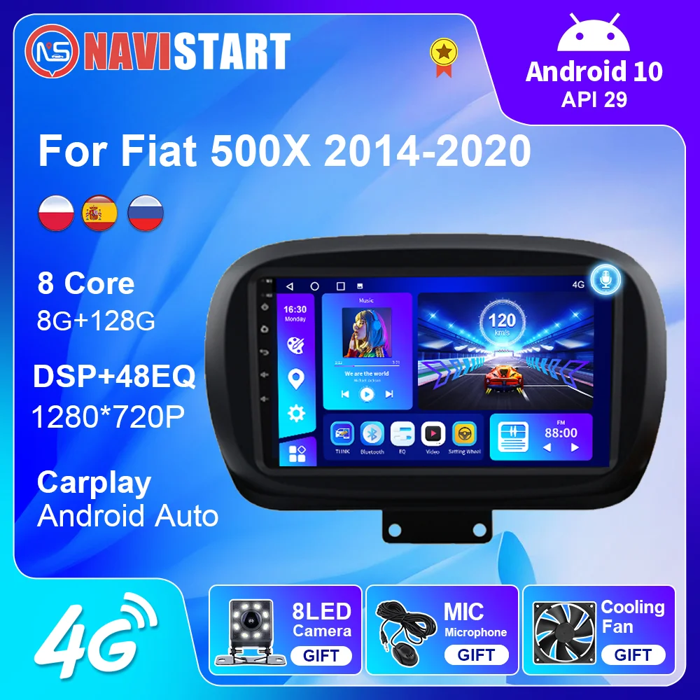 Navistart Autoradio Per Fiat 500X 2014-2020 Android 10 Multimedia Android Auto Carplay Nessun Lettore Video Gps 4G Wifi Rds 2 Din